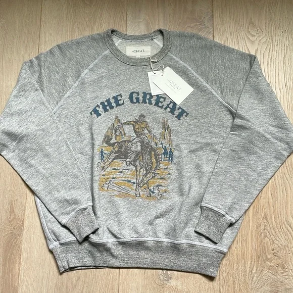 NWT The Great. College Sweatshirt with Rodeo Graphic Soft Heather Grey. Size 0. - Picture 2 of 7